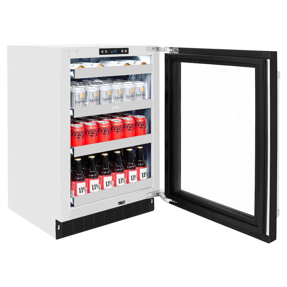 ZLINE 24 in. Touchstone 151 Can Beverage Fridge With Black Matte Glass Door (RBSO-BLM-24) side, open, with beverages inside.