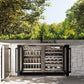 ZLINE 24 in. Touchstone 151 Can Beverage Fridge With Black Stainless Steel Glass Door (RBSO-BS-24) front, open, in an outdoor patio area with a matching wine cooler against a stone wall and greenery.
