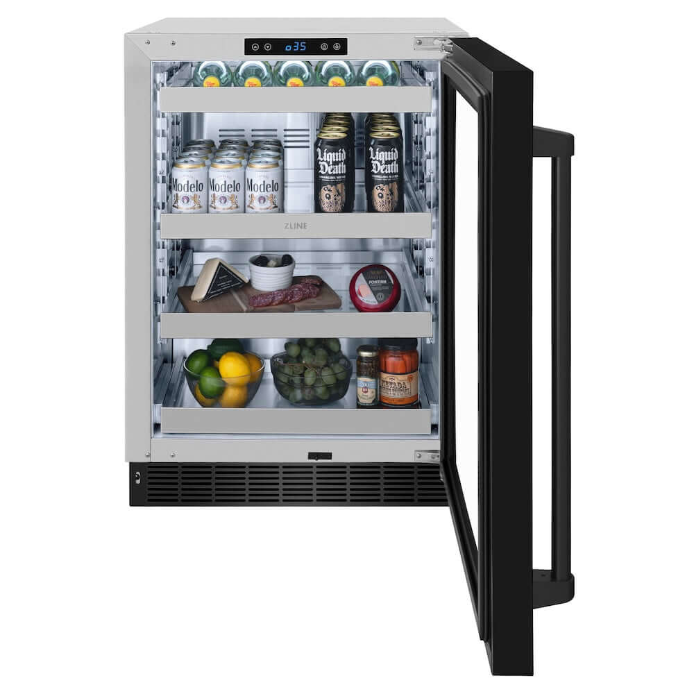 ZLINE 24 in. Touchstone 151 Can Beverage Fridge With Black Stainless Steel Glass Door (RBSO-BS-24) front, open.