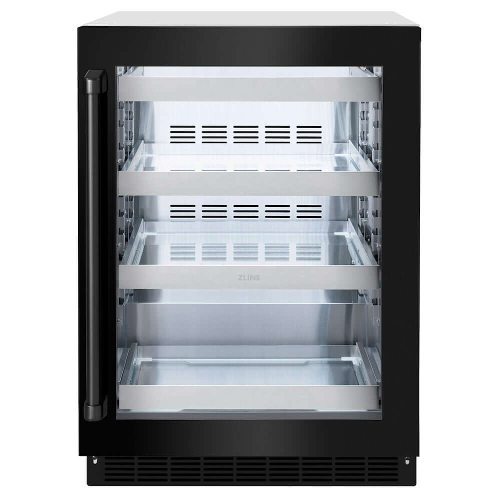 ZLINE 24 in. Touchstone 151 Can Beverage Fridge with Black Stainless Steel Glass Door (RBSO-BS-24) main image.