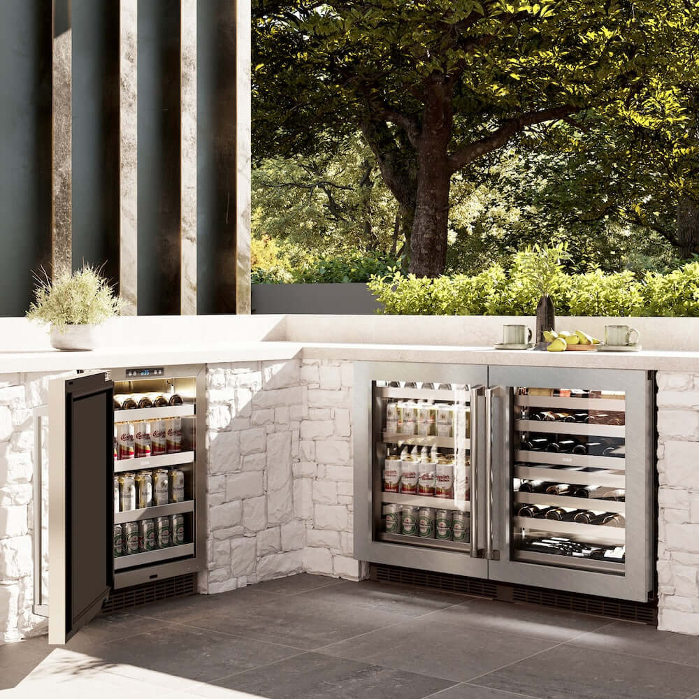 ZLINE 24 in. Touchstone 151 Can Beverage Fridge With DuraSnow® Stainless Steel Glass Door (RBSO-SN-24) in a luxury outdoor kitchen, side.