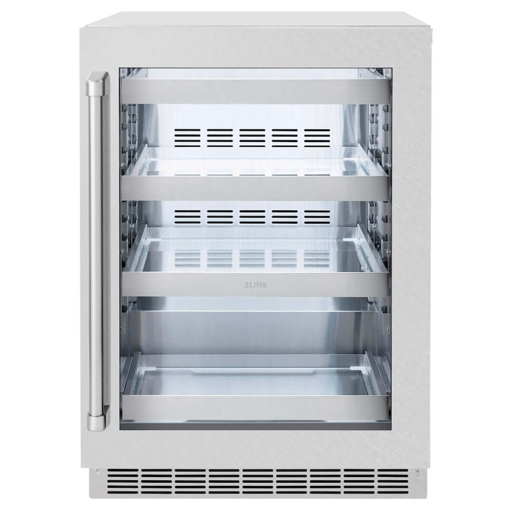 ZLINE 24 in. Touchstone 151 Can Beverage Fridge With DuraSnow® Stainless Steel Glass Door (RBSO-SN-24) front, closed.