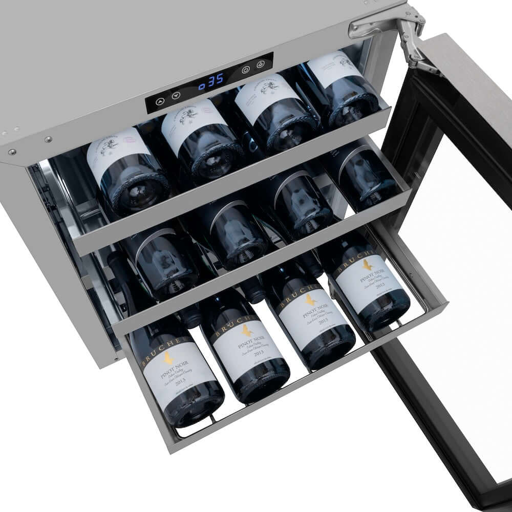 ZLINE 24 in. Touchstone Dual Zone 44 Bottle Wine Cooler With DuraSnow® Stainless Steel Glass Door (RWDO-SN-24) close-up detail, wine bottles on adjustable shelves from above.