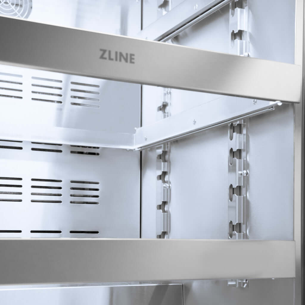 ZLINE Touchstone Under Counter Beverage Fridge middle full-extension glass racks with ZLINE logo front close up.
