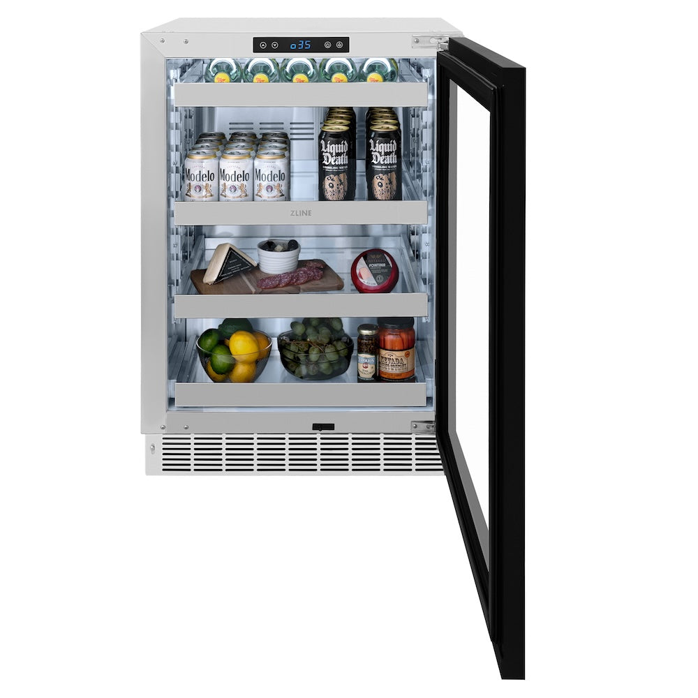 ZLINE 24 in. Touchstone 151 Can Beverage Fridge With Panel Ready Glass Door (RBSPO-24) front, open, with food and drinks.