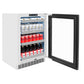 ZLINE 24 in. Touchstone 151 Can Beverage Fridge With Panel Ready Glass Door (RBSPO-24) side, open, with beverages inside.
