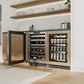 ZLINE 24 in. Touchstone 151 Can Beverage Fridge With Panel Ready Glass Door (RBSPO-24) in a custom undercounter bar area with matching wine cooler, side, closed.
