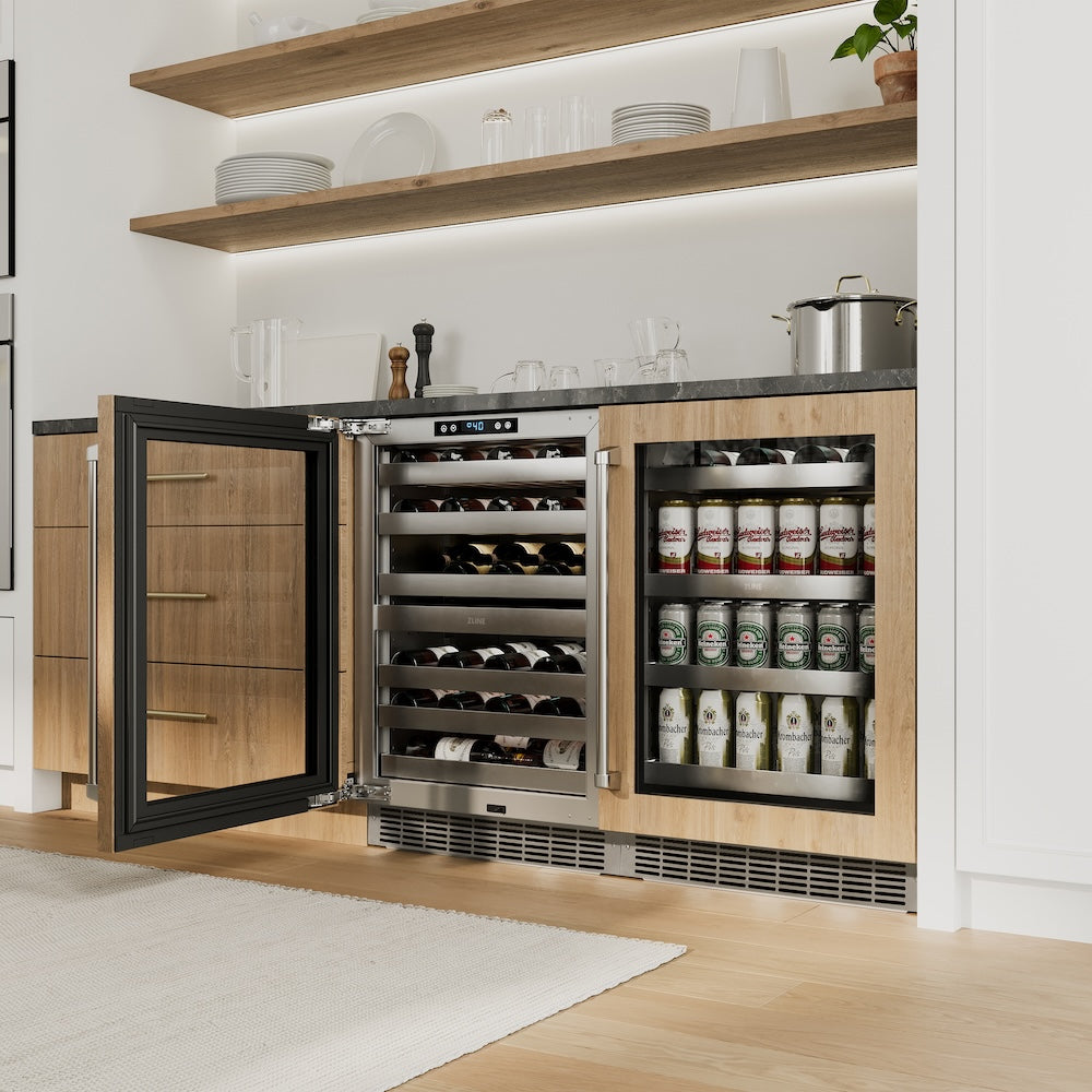 ZLINE 24 in. Touchstone 151 Can Beverage Fridge With Panel Ready Glass Door (RBSPO-24) in a custom undercounter bar area with matching wine cooler, side, closed.