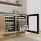 ZLINE 24 in. Touchstone 151 Can Beverage Fridge With Panel Ready Glass Door (RBSPO-24) in a custom undercounter bar area with matching wine cooler, side, open.