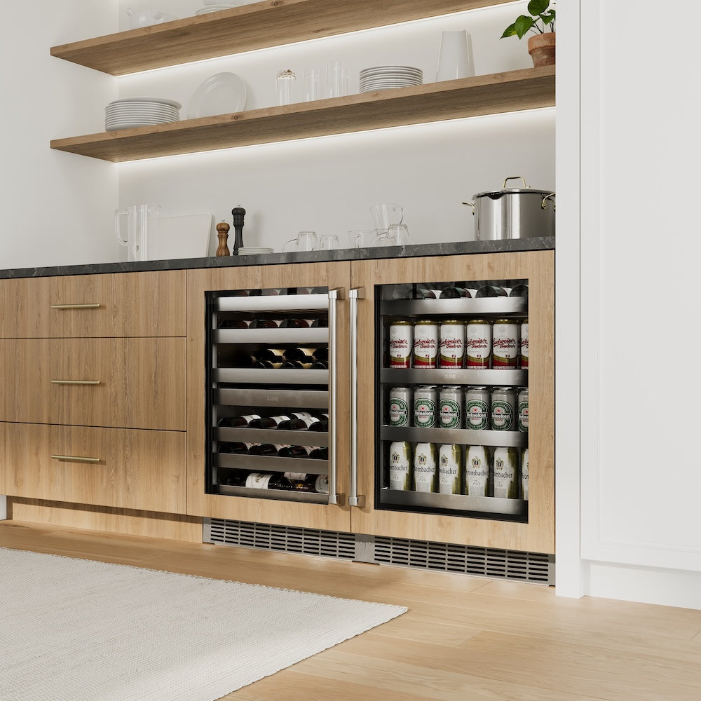 ZLINE 24 in. Touchstone 151 Can Beverage Fridge With Panel Ready Glass Door (RBSPO-24) in a custom undercounter bar area with matching wine cooler, side.