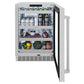 ZLINE 24 in. Touchstone 151 Can Beverage Fridge With Satin Stainless Steel Glass Door (RBSO-SN-24) front, open, displaying various food and drink items.