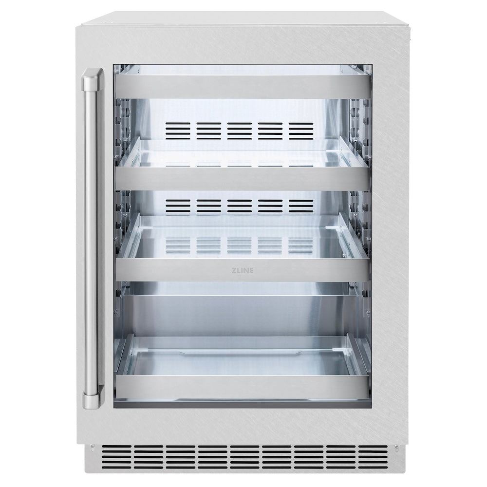 ZLINE 24 in. Touchstone 151 Can Beverage Fridge with Satin Stainless Steel Glass Door (RBSO-SN-24) main image.
