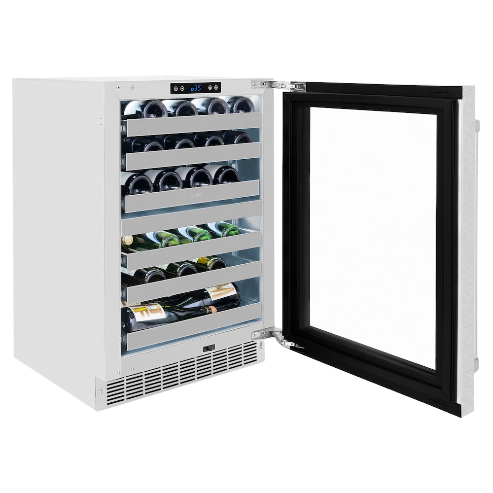 ZLINE 24 in. Touchstone Dual Zone 44 Bottle Wine Cooler with Satin Stainless Steel Glass Door (RWDO-SN-24) side, open, displaying wine bottles inside.