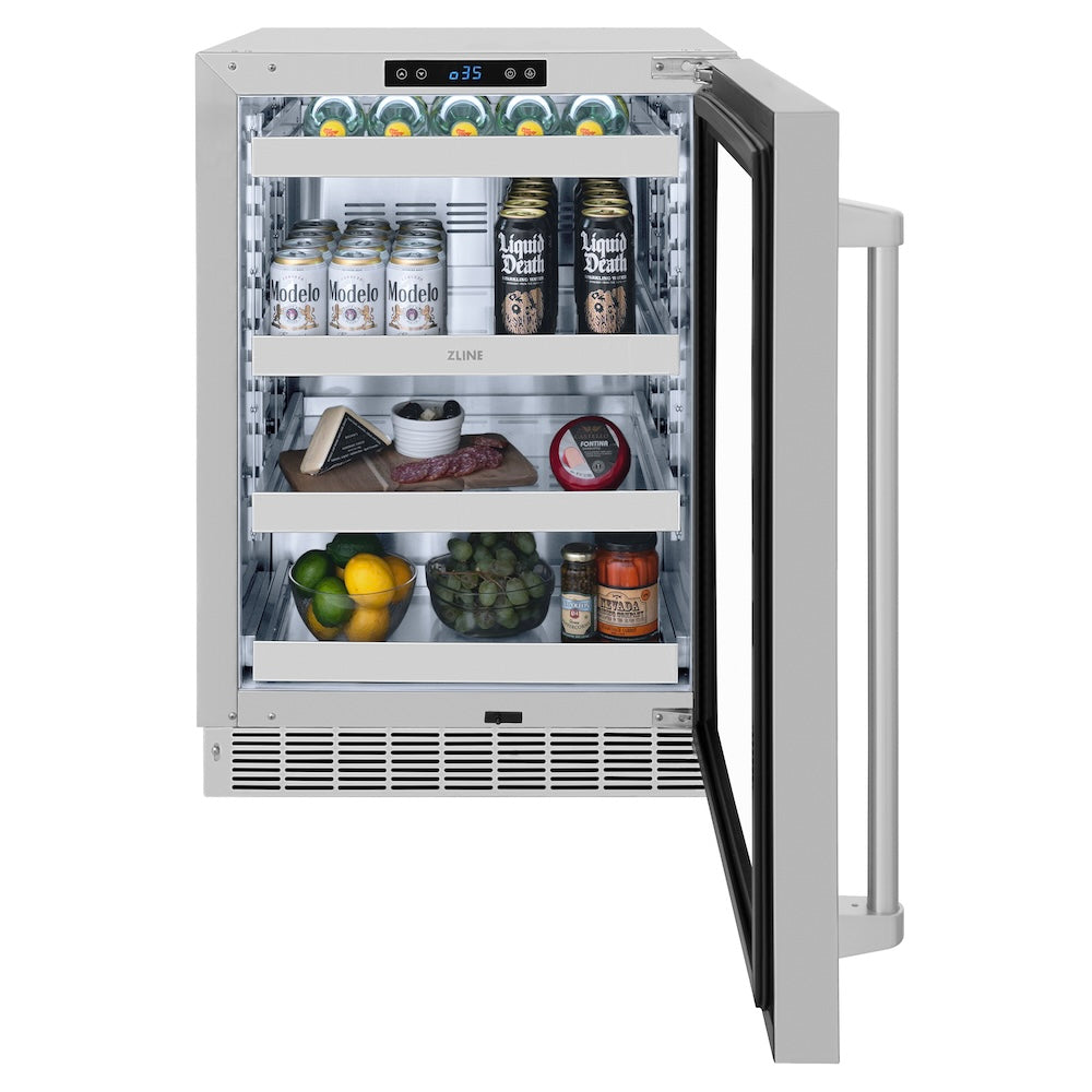 ZLINE 24 in. Touchstone 151 Can Beverage Fridge With Stainless Steel Glass Door (RBSO-GS-24) front, open.