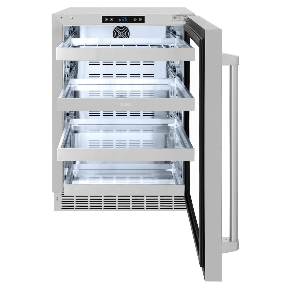 ZLINE 24 in. Touchstone 151 Can Beverage Fridge With Stainless Steel Glass Door (RBSO-GS-24) front, open.