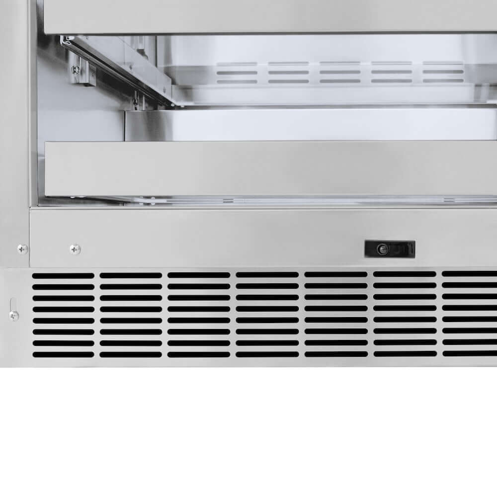 ZLINE 24 in. Touchstone 151 Can Beverage Fridge With Solid Stainless Steel Door (RBSO-ST-24) bottom shelving and base