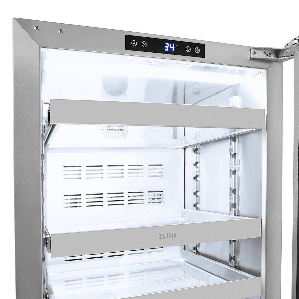 ZLINE 24 in. Touchstone 151 Can Beverage Fridge With Solid Stainless Steel Door (RBSO-ST-24) adjustable shelving, stainless steel interior, and touchscreen