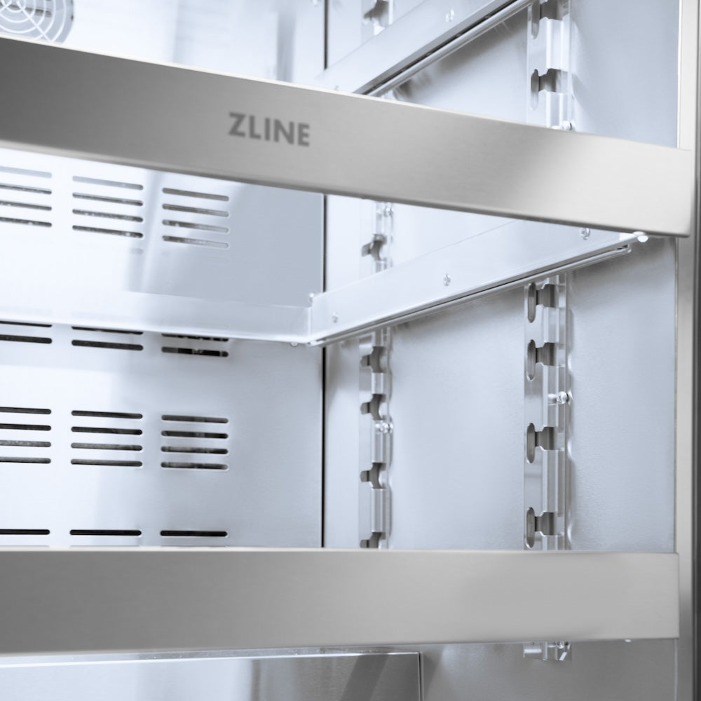 ZLINE 24 in. Touchstone 151 Can Beverage Fridge With Solid Stainless Steel Door (RBSO-ST-24) adjustable shelving with ZLINE logo close up