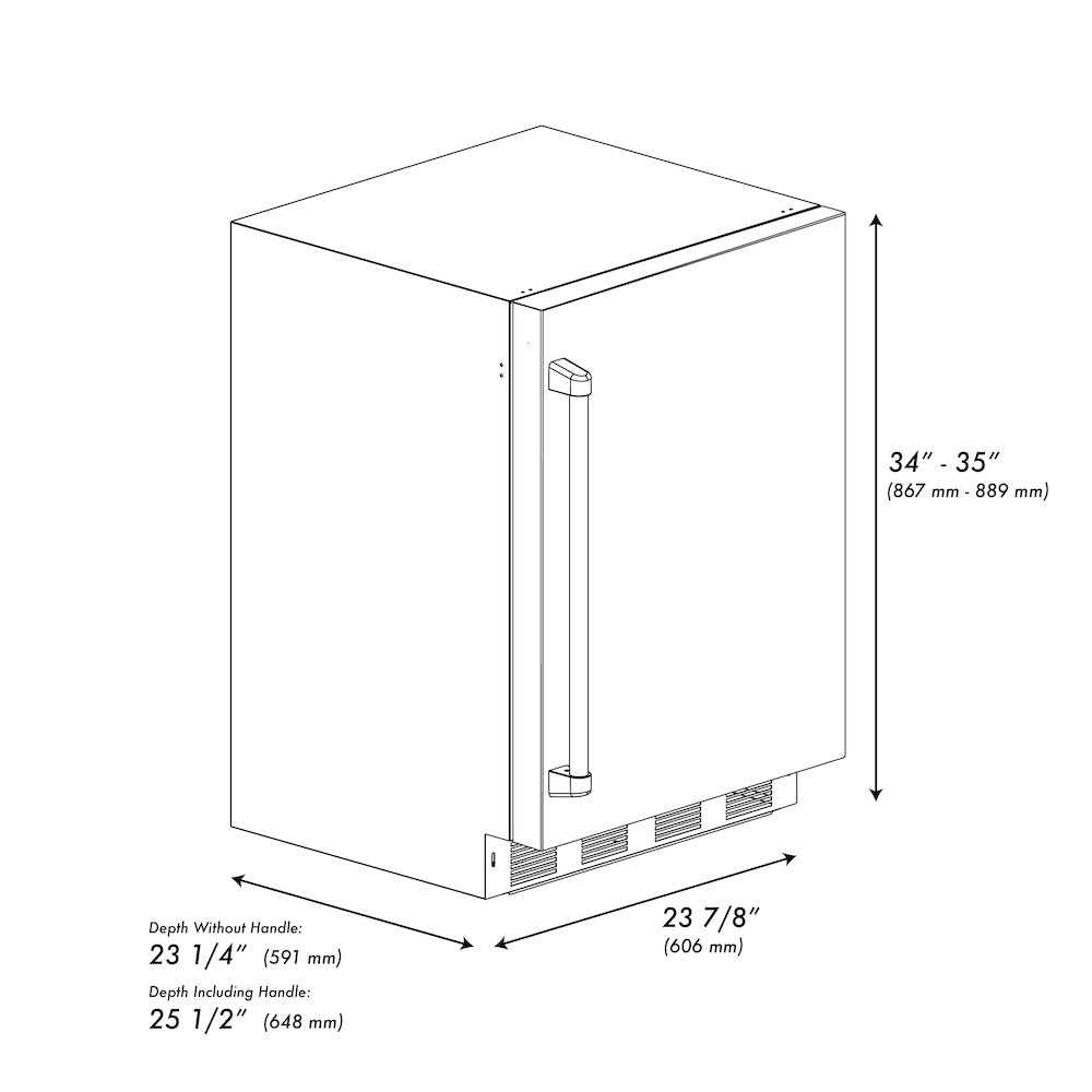 ZLINE 24 in. Touchstone 151 Can Beverage Fridge with Solid Stainless Steel Door, Open Box-Good Condition dimensional diagram.