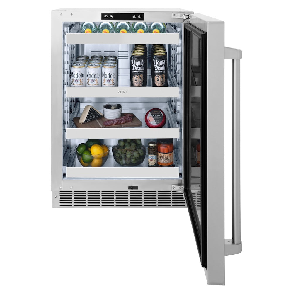 ZLINE 24 in. Touchstone 151 Can Beverage Fridge With Solid Stainless Steel Door (RBSO-ST-24) front with door open and food and drinks inside