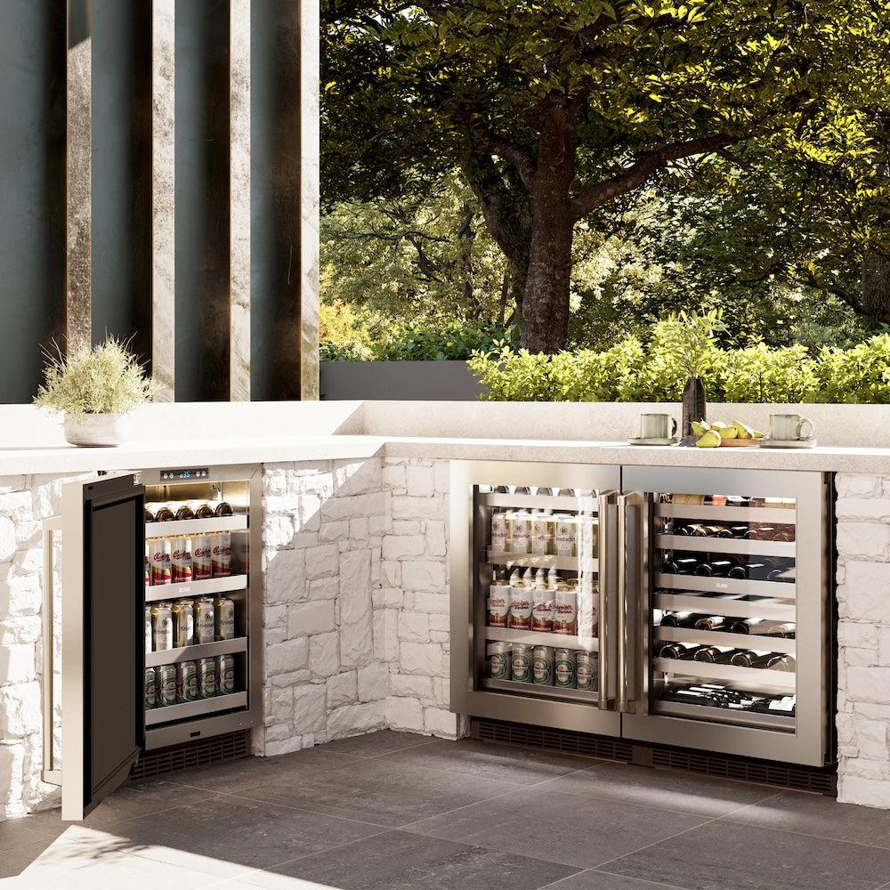 ZLINE 24 in. Touchstone Dual Zone 44 Bottle Wine Cooler With Stainless Steel Glass Door (RWDO-GS-24) in a luxury outdoor kitchen.