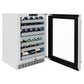 ZLINE 24 in. Touchstone Dual Zone 44 Bottle Wine Cooler With Stainless Steel Glass Door (RWDO-GS-24) side, open, with beverages inside.