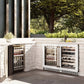ZLINE 24 in. Touchstone 151 Can Beverage Fridge With White Matte Glass Door (RBSO-WM-24) side, in an outdoor patio area against a stone wall and greenery.