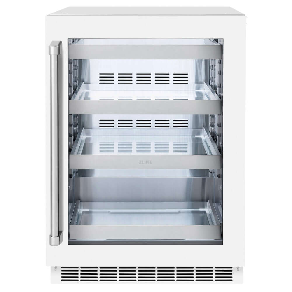 ZLINE 24 in. Touchstone 151 Can Beverage Fridge With White Matte Glass Door (RBSO-WM-24) front, closed.