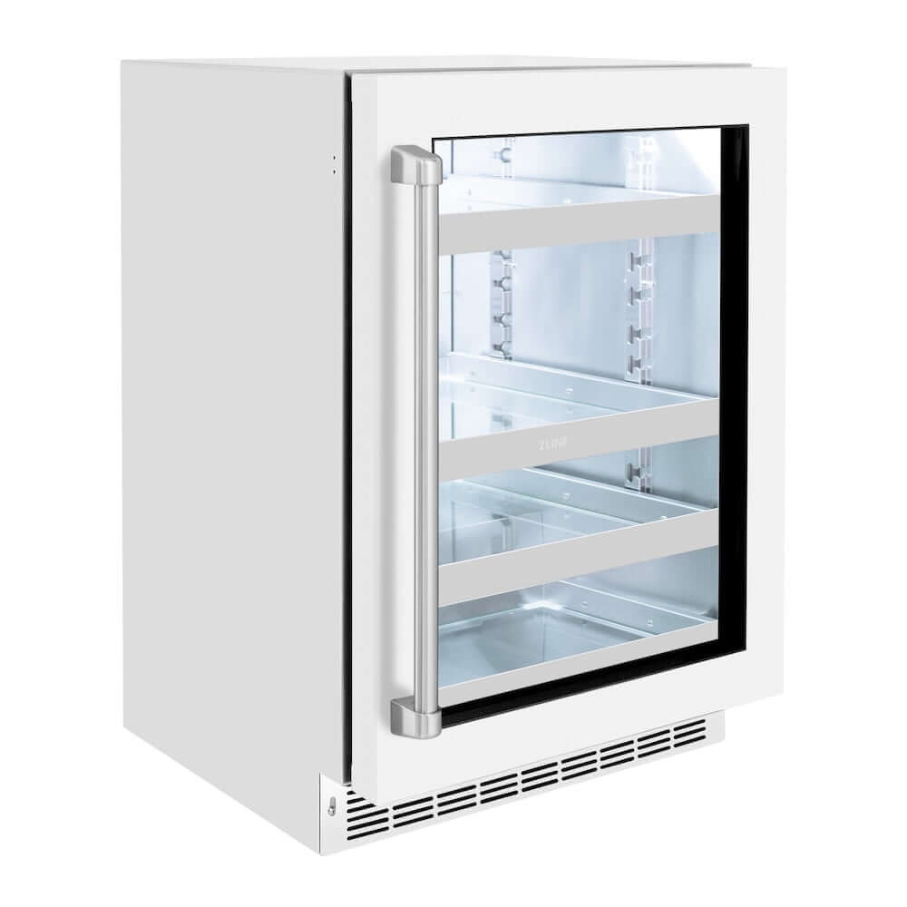 ZLINE 24 in. Touchstone 151 Can Beverage Fridge With White Matte Glass Door (RBSO-WM-24) side, closed.