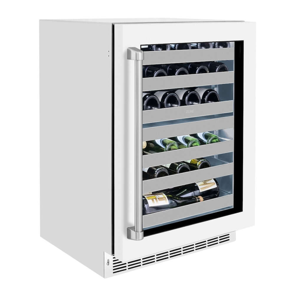 ZLINE 24 in. Touchstone Dual Zone 44 Bottle Wine Cooler With White Matte Glass Door (RWDO-WM-24) side, closed.