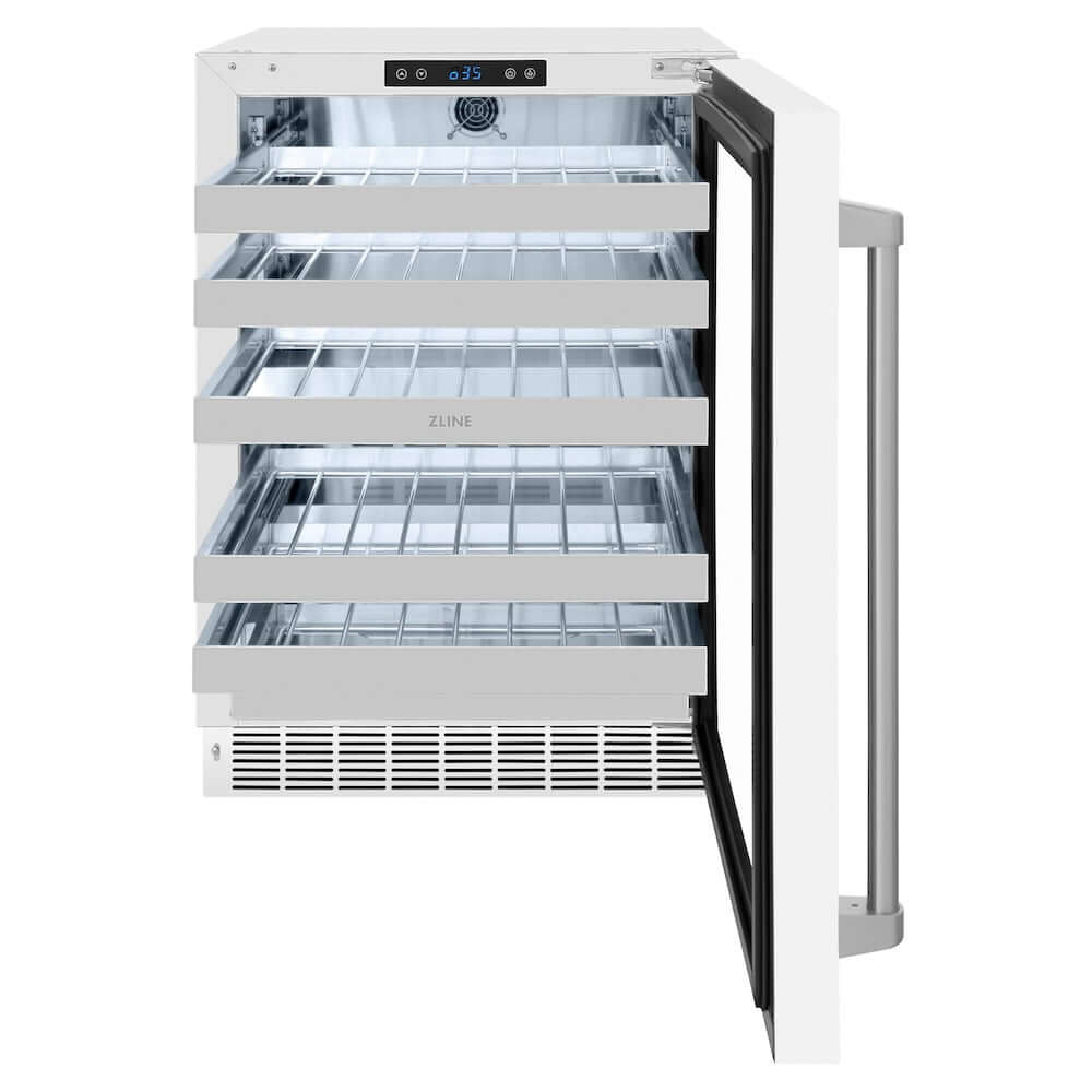 ZLINE 24 in. Touchstone Dual Zone 44 Bottle Wine Cooler With White Matte Glass Door (RWDO-WM-24) front, open, empty.