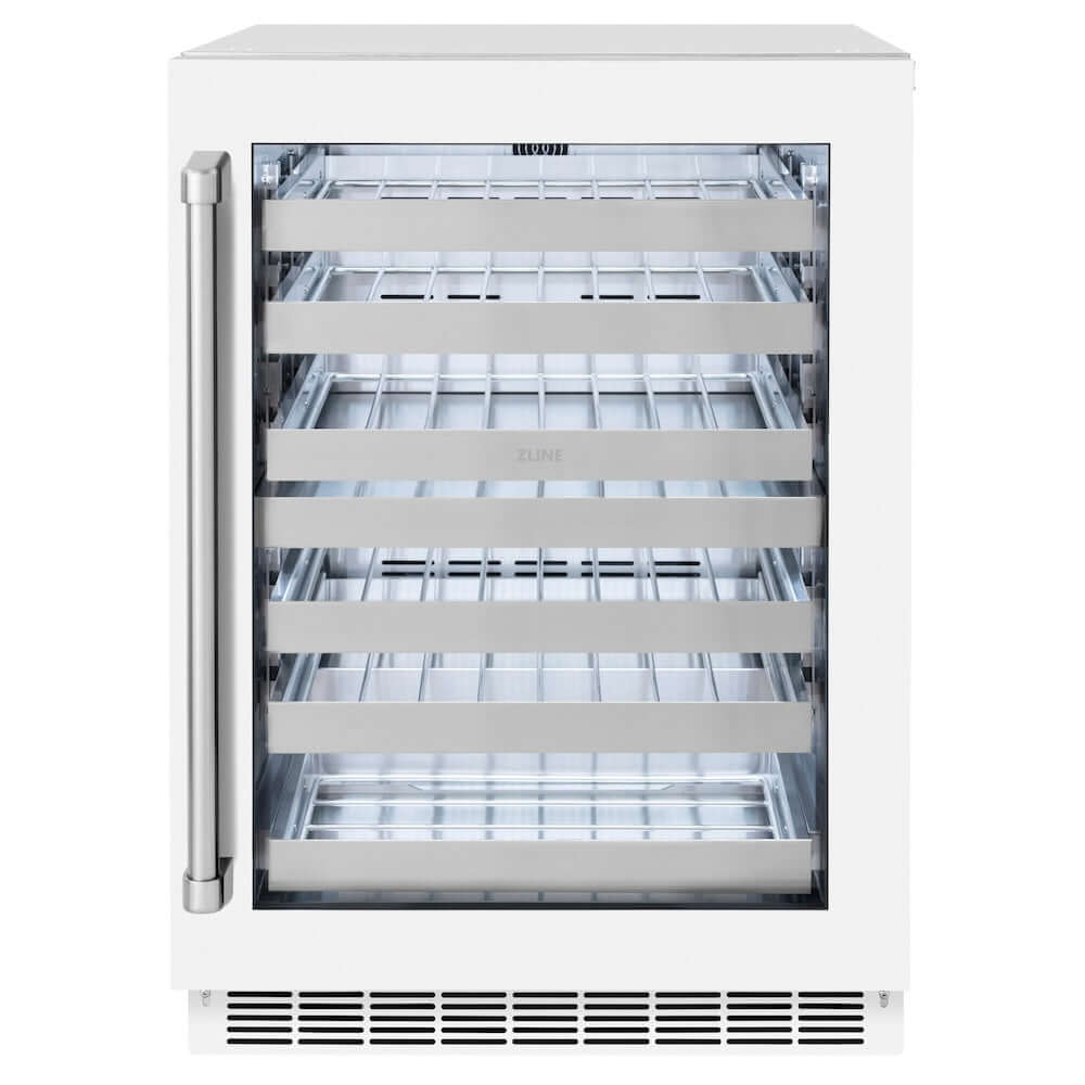 ZLINE 24 in. Touchstone Dual Zone 44 Bottle Wine Cooler With White Matte Glass Door (RWDO-WM-24) front, closed.