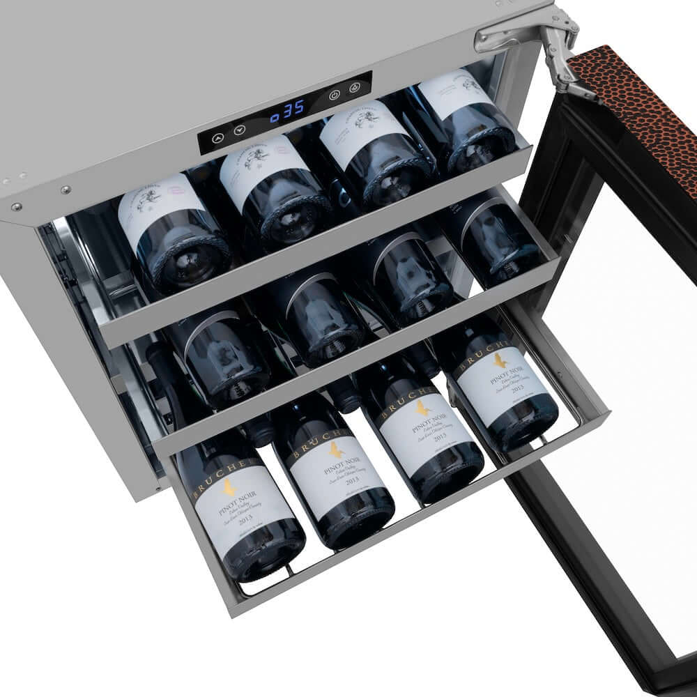 ZLINE 24 in. Touchstone Dual Zone 44 Bottle Wine Cooler with Hand Hammered Copper Glass Door (RWDO-HH-24)