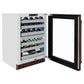 ZLINE 24 in. Touchstone Dual Zone 44 Bottle Wine Cooler with Hand Hammered Copper Glass Door (RWDO-HH-24) side, open, displaying wine bottles inside.