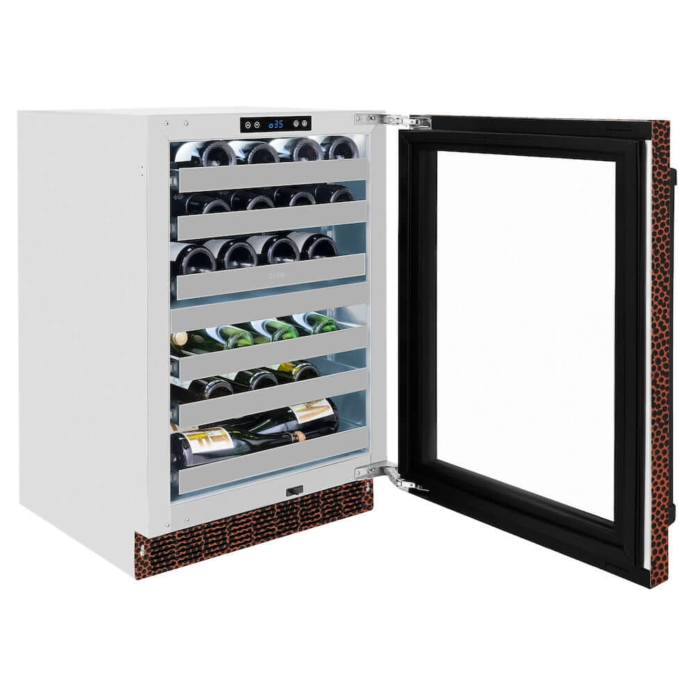 ZLINE 24 in. Touchstone Dual Zone 44 Bottle Wine Cooler with Hand Hammered Copper Glass Door (RWDO-HH-24) side, open, displaying wine bottles inside.