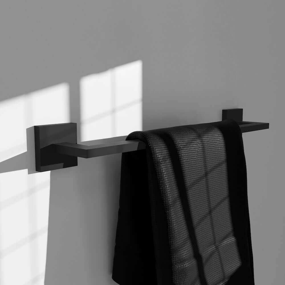 ZLINE Palisades 18 in. Towel Rail in Matte Black (RBCN1-TR18-MB) with a towel on a gray wall