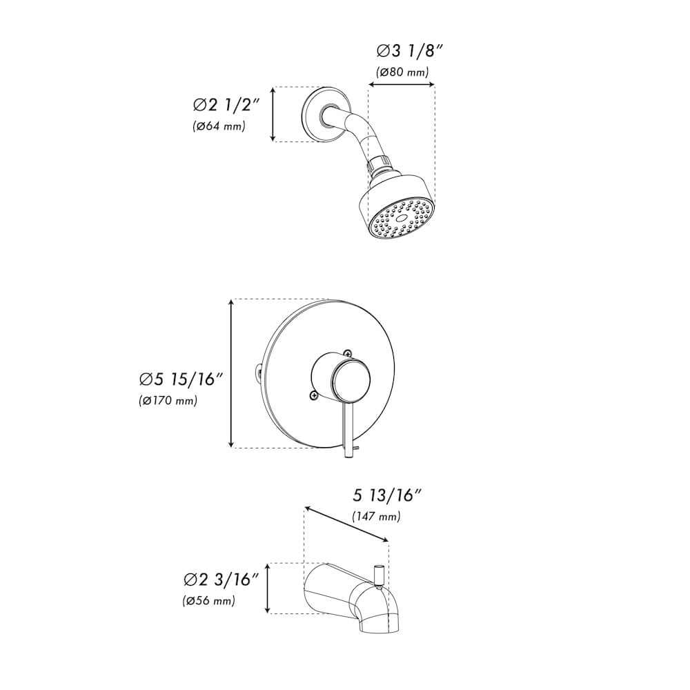 ZLINE Palisades Elegant Shower System in Brushed Nickel (RBCN1-SHS-BN) dimensional diagram.