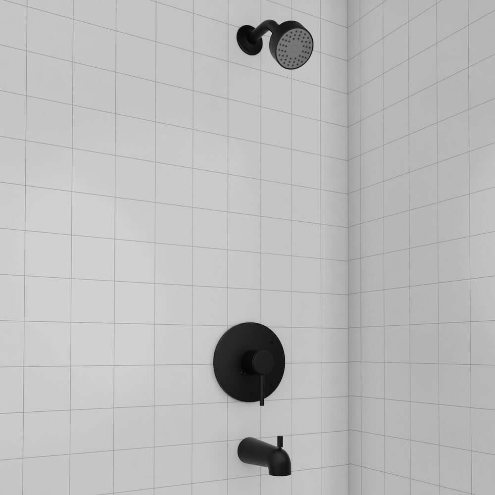 ZLINE Palisades Elegant Shower System in Matte Black (RBCN1-SHS-MB) on a tiled bathroom wall
