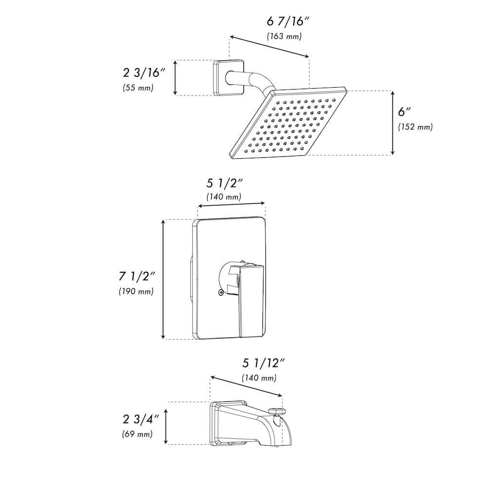 ZLINE Palisades Modern Shower System in Brushed Nickel (RBCN2-SHS-BN) dimensional diagram.