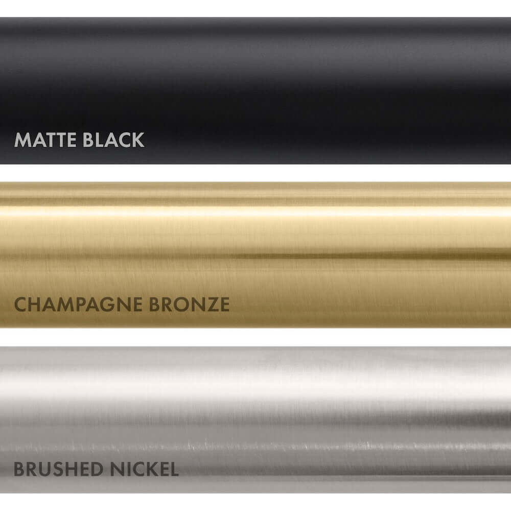 ZLINE Palisades Plumbing Finish Comparison. Top: Matte Black. Center: Champagne Bronze. Bottom: Brushed Nickel.