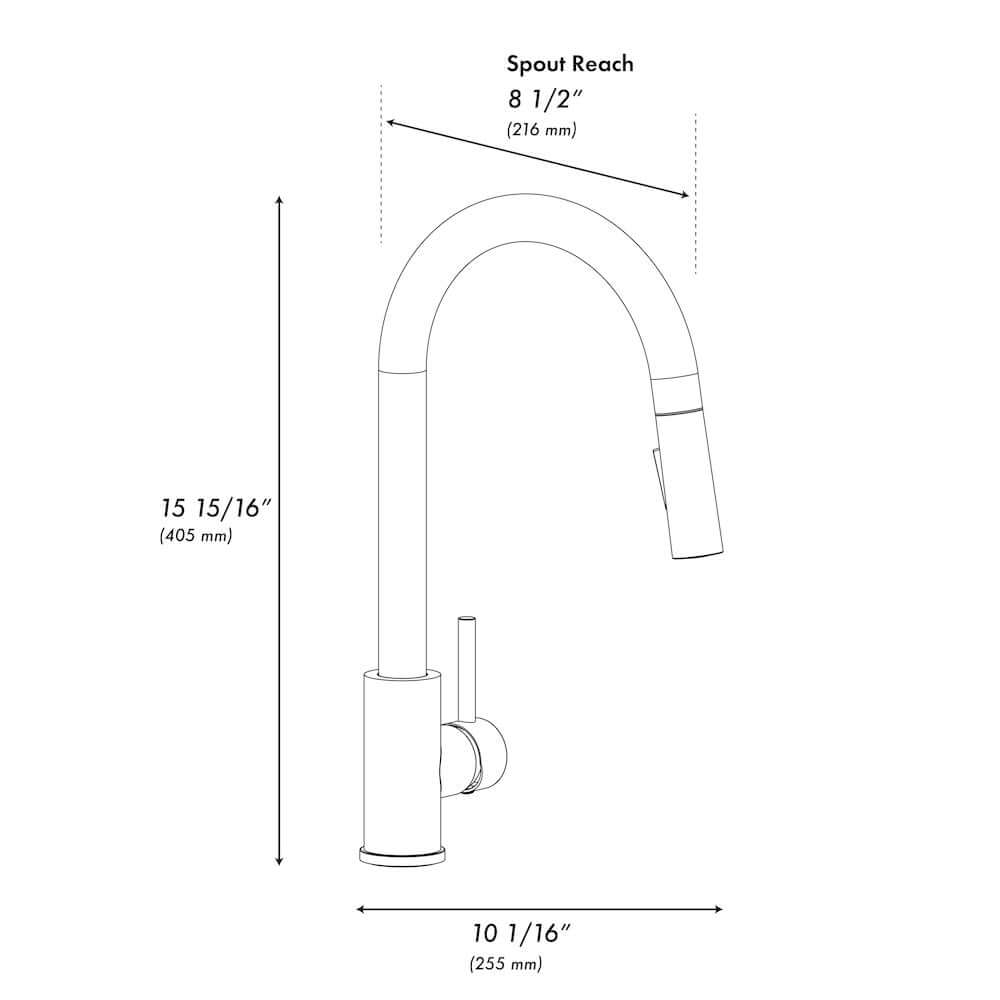 ZLINE Palisades Pull Down Single Handle Kitchen Faucet in Champagne Bronze (RBCN1-KF-CB) dimensional diagram.
