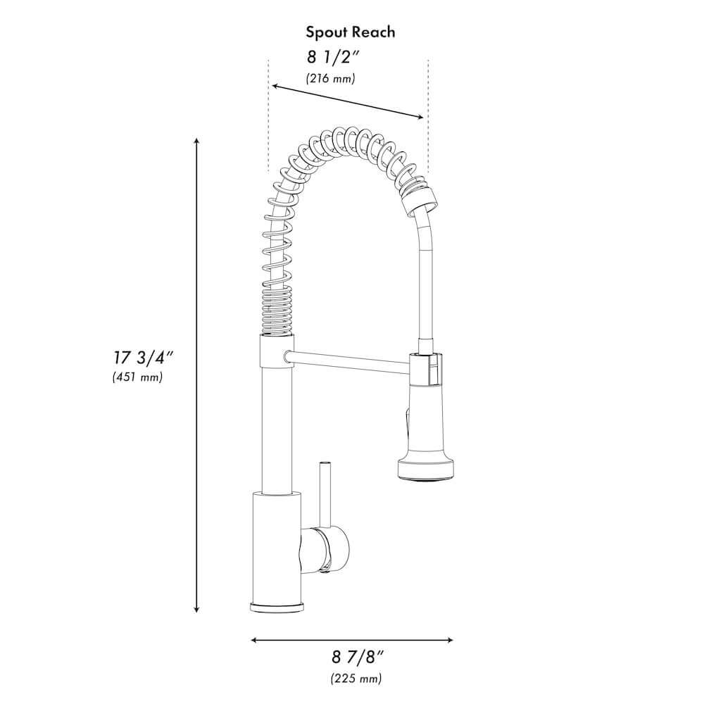 ZLINE Palisades Pull Down Spring Spray Wand Kitchen Faucet in Matte Black (RBCN2-KF-MB) dimensional diagram.