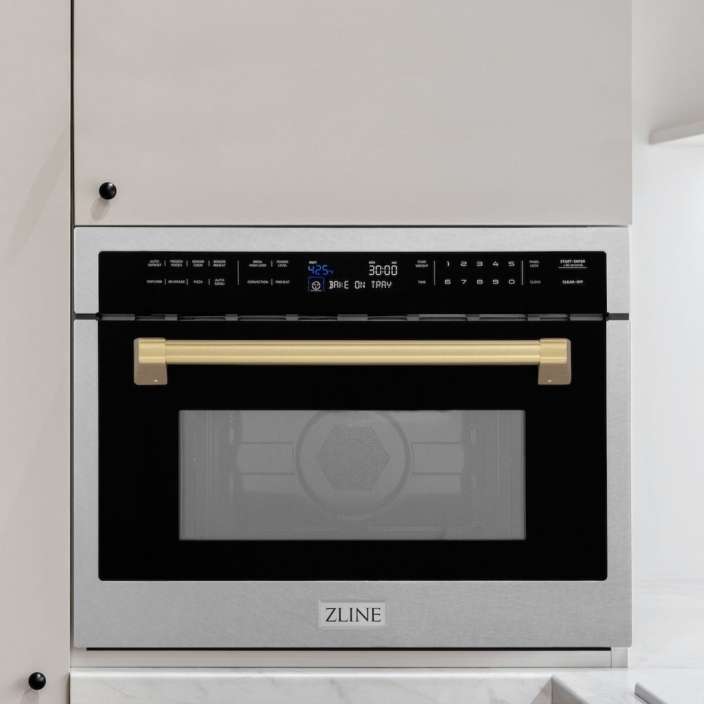 ZLINE Autograph Edition 24 in. 1.6 cu ft. Built-in Convection Microwave Oven in Satin Stainless Steel with Champagne Bronze Accents (MWOZ-24-SS-CB) in a kitchen setting