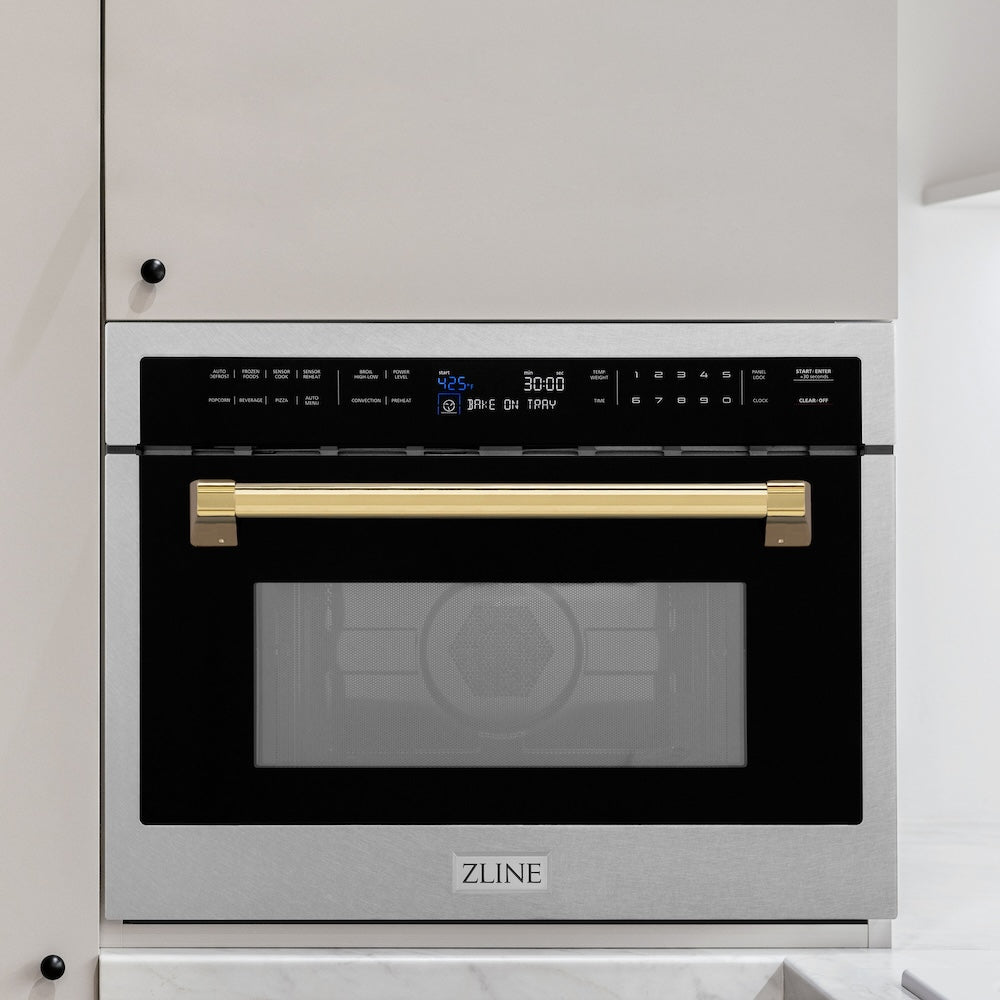ZLINE Autograph Edition 24 in. 1.6 cu ft. Built-in Convection Microwave Oven in Satin Stainless Steel with Polished Gold Accents (MWOZ-24-SS-G) in a kitchen setting