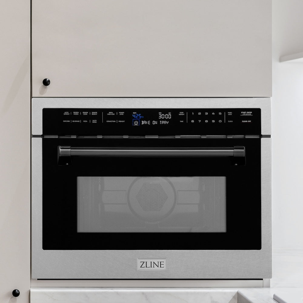 ZLINE Autograph Edition 24 in. 1.6 cu ft. Built-in Convection Microwave Oven in Satin Stainless Steel with Matte Black Accents (MWOZ-24-SS-MB) in a kitchen setting
