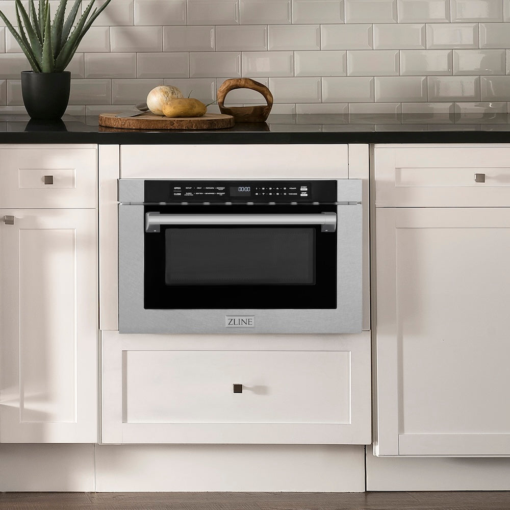 ZLINE 24 in. 1.2 cu. ft. Built-in Microwave Drawer with a Traditional Handle in Satin Stainless Steel, Open Box-Excellent Condition
