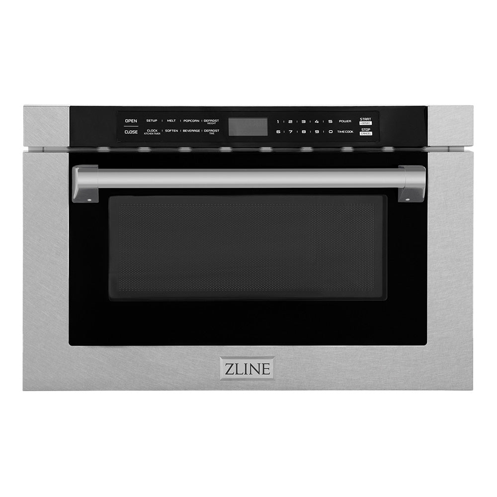 ZLINE 24 in. 1.2 cu. ft. Built-in Microwave Drawer with a Traditional Handle in Satin Stainless Steel (MWD-1-SS-H) front.