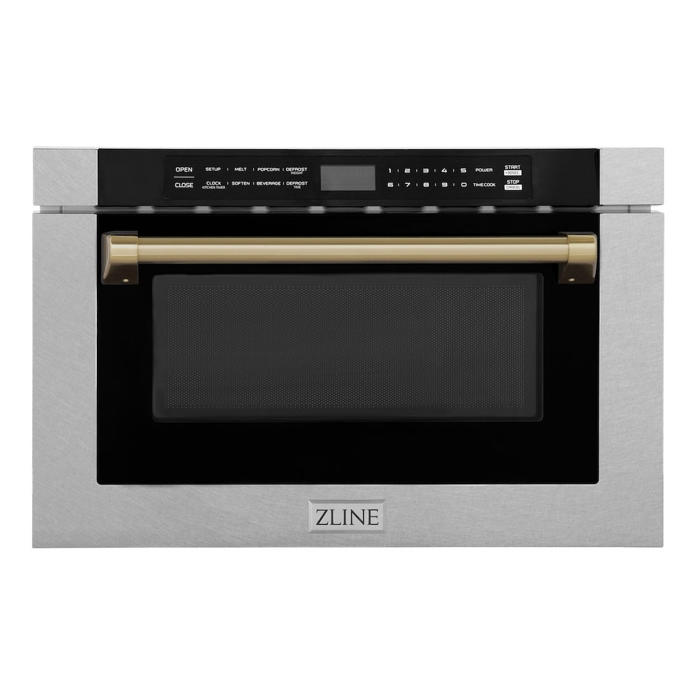 ZLINE Autograph Edition 24 in. 1.2 cu. ft. Built-in Microwave Drawer with a Traditional Handle in Satin Stainless Steel and Champagne Bronze Accents (MWDZ-1-SS-H-CB) main image.