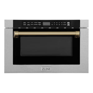 ZLINE Autograph Edition 24 in. 1.2 cu. ft. Built-in Microwave Drawer with a Traditional Handle in Satin Stainless Steel and Champagne Bronze Accents (MWDZ-1-SS-H-CB) main image.