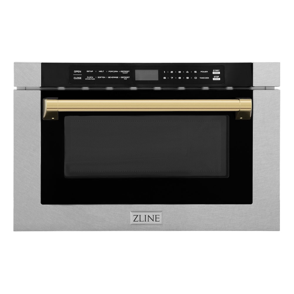 ZLINE Autograph Edition 24 in. 1.2 cu. ft. Built-in Microwave Drawer with a Traditional Handle in Satin Stainless Steel and Polished Gold Accents (MWDZ-1-SS-H-G) main image.